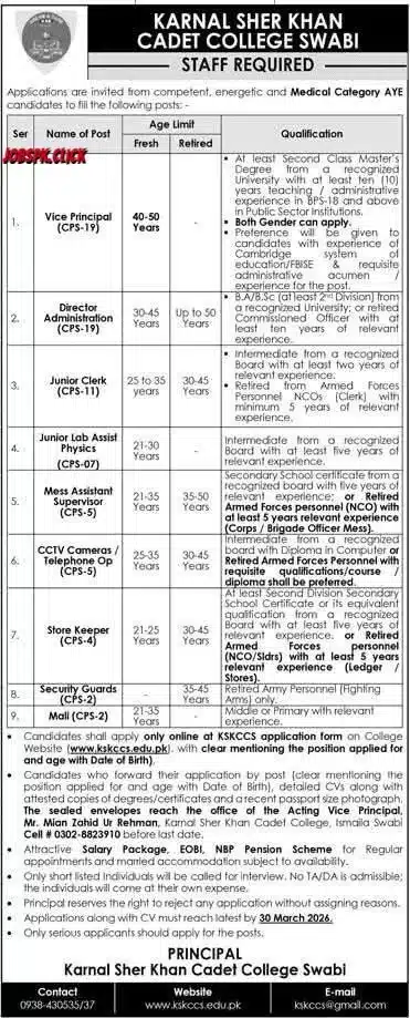 Karnal Sher Khan Cadet College Swabi Jobs 2026 Official Advertisement
