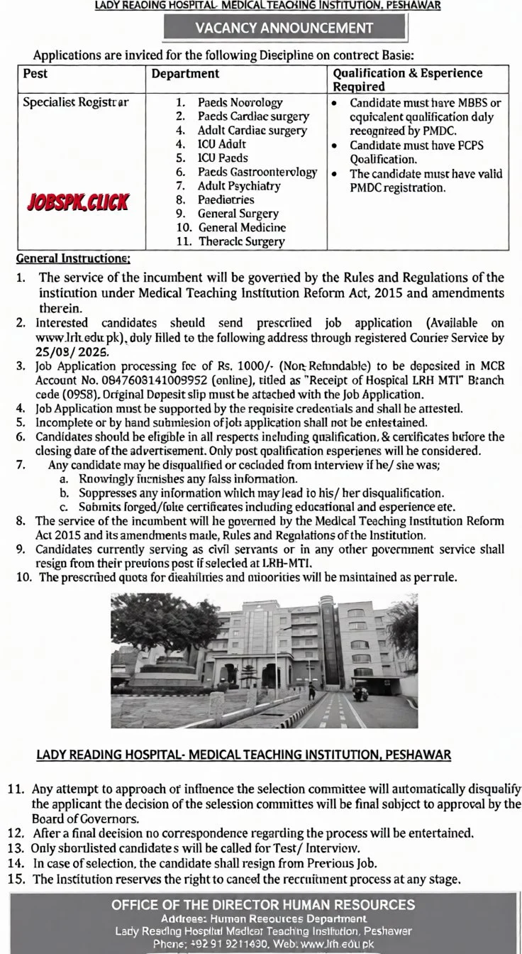 Lady Reading Hospital Peshawar March Jobs 2026 Official Advertisement