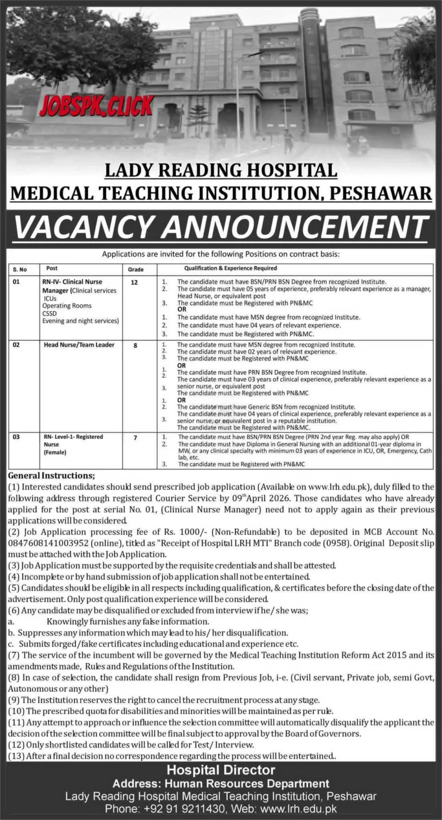 Lady Reading Hospital Peshawar Nursing Jobs 2026 Official Advertisement
