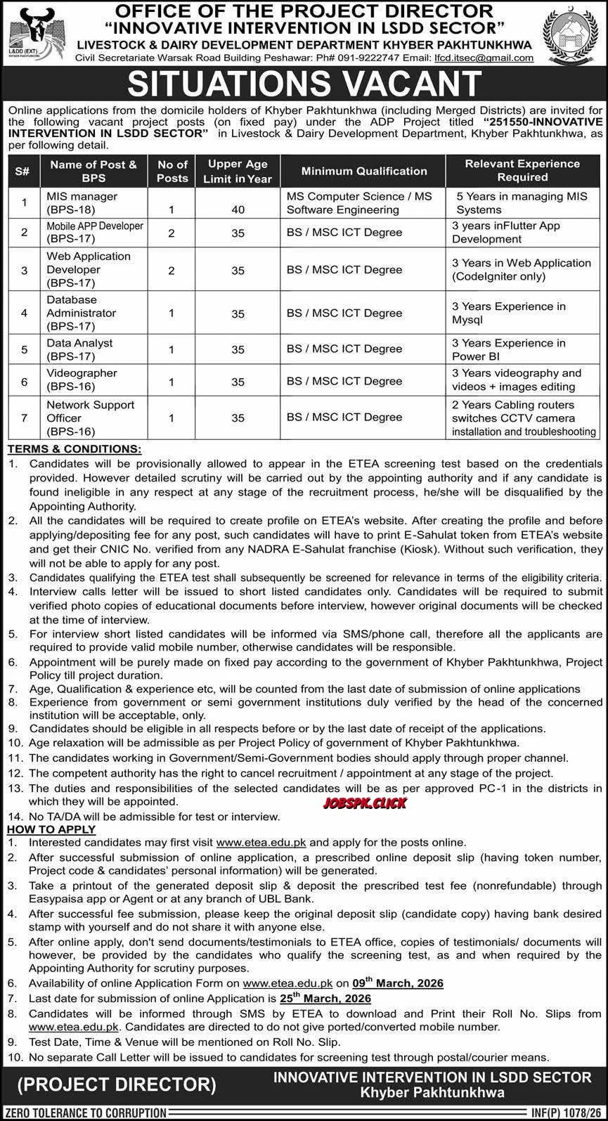 Livestock & Dairy Department KPK March Jobs 2026 Official Advertisement