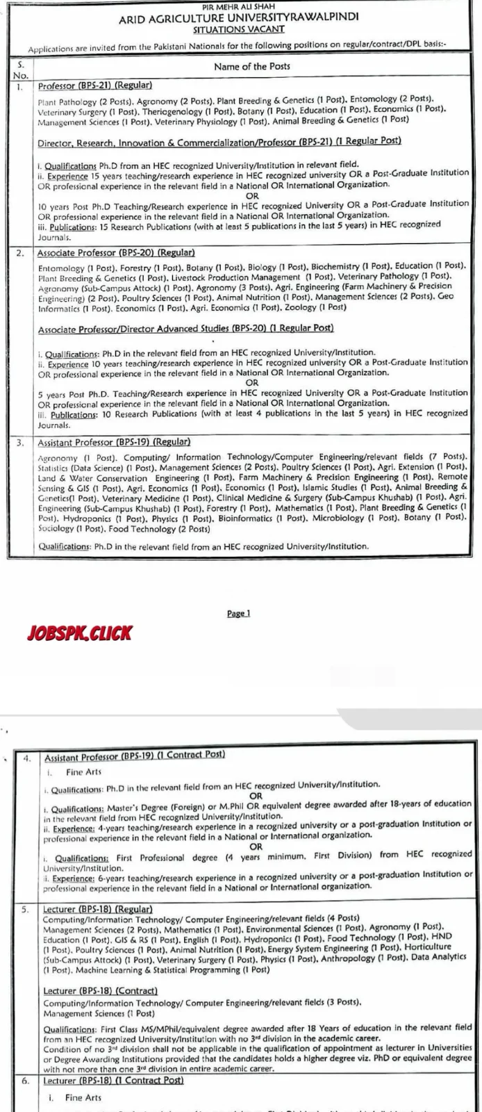 PMAS Arid Agriculture University Rawalpindi Jobs 2026 Official Advertisement