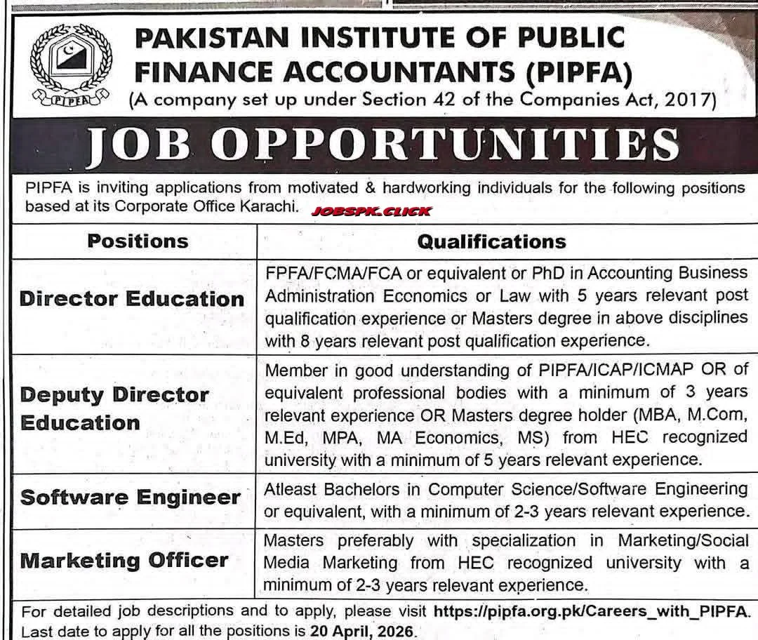 Pakistan Institute of Public Finance Accountants April (Ad.1) Jobs 2026 Official Advertisement