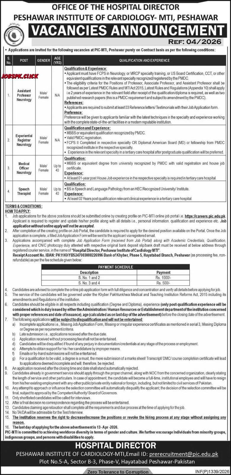 Peshawar Institute of Cardiology MTI (PIC-MTI) Latest March Jobs 2026 Official Advertisement