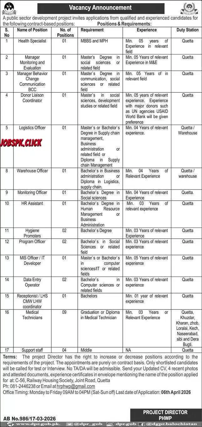 Public Sector Development Project Jobs 2026 Quetta | PHWP | Health Specialist, Manager & Officer Posts — Last Date 6 April 2026 1 Public Sector Development Project Jobs 2026 Official Advertisement
