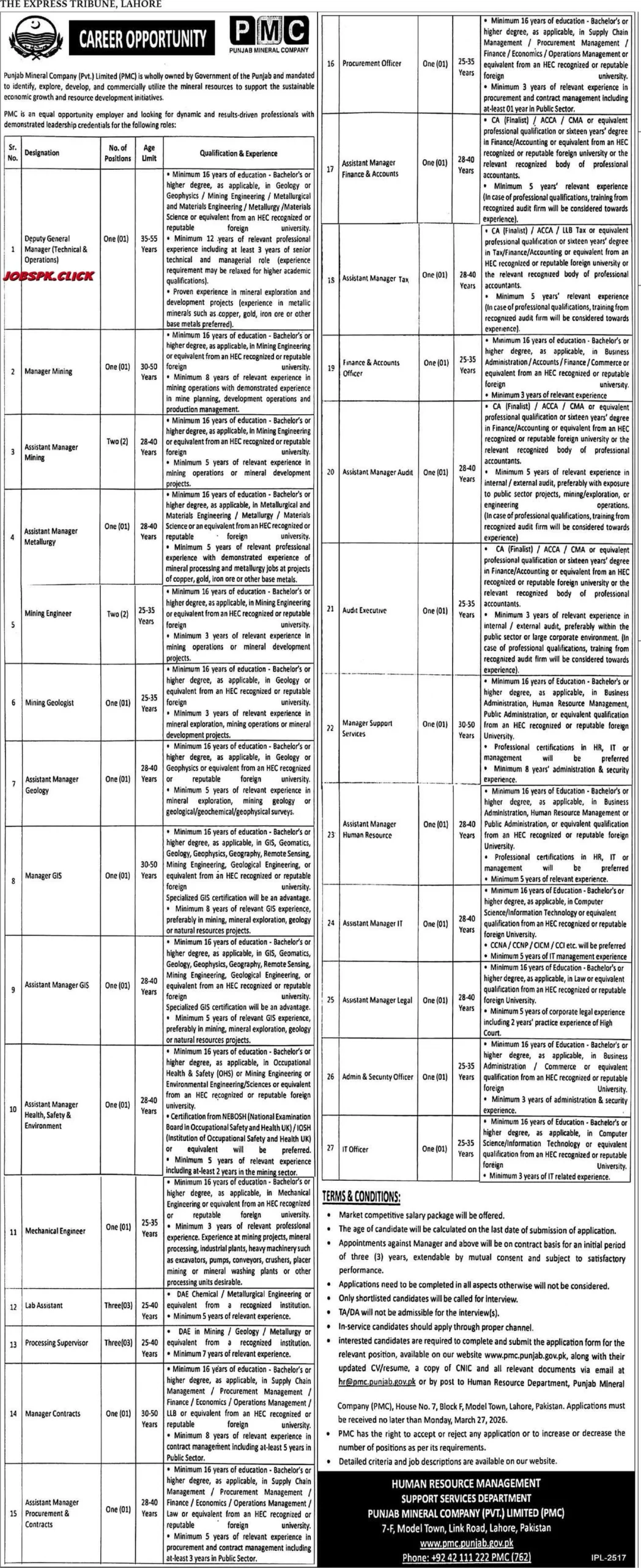 Punjab Mineral Company March Jobs 2026 Official Advertisement