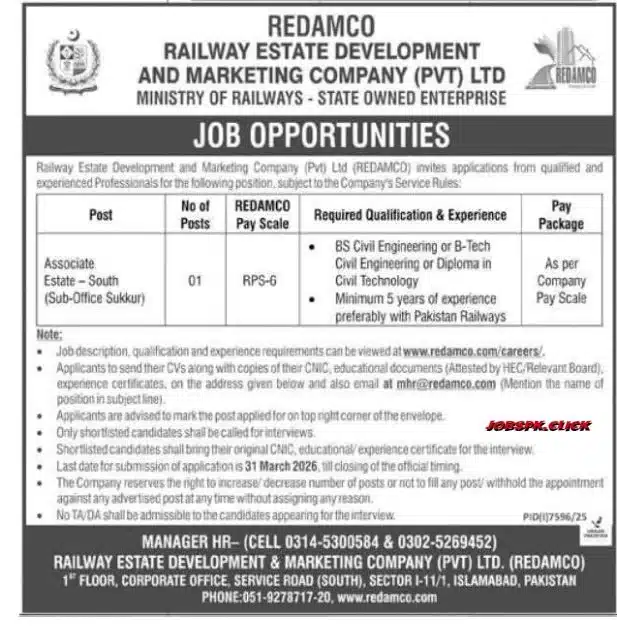 REDAMCO March Jobs 2026 | Associate Estate South Sukkur | Ministry of Railways State Owned Enterprise | Last Date 31 March 2026 1 REDAMCO March Jobs 2026 Official Advertisement