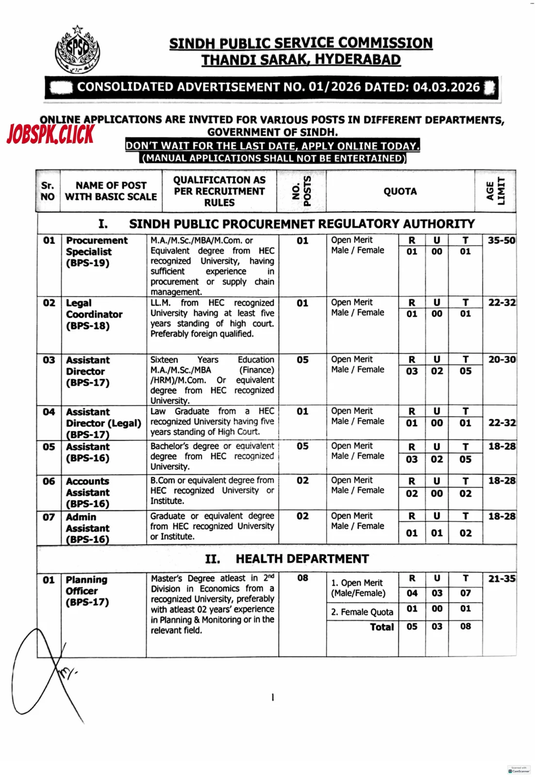 SPSC March Jobs 2026 Official Advertisement No.01/2026