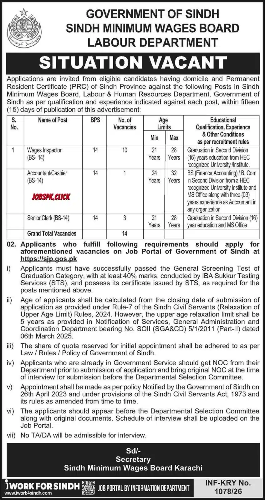 Sindh Minimum Wages Board Labour Department Jobs 2026 Official Advertisement