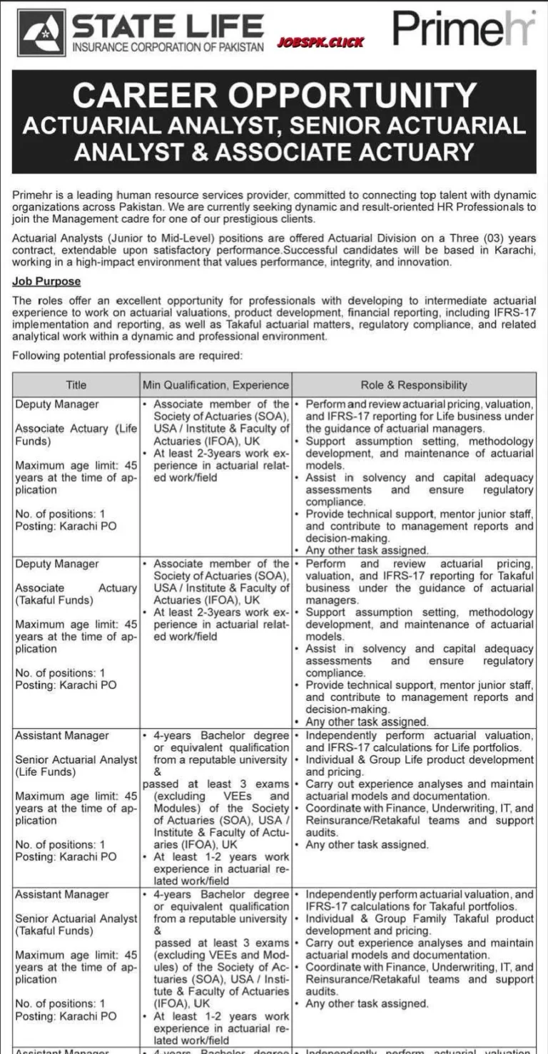State Life Insurance Corporation of Pakistan March Jobs 2026 | Multiple Vacancies | Apply Online 1 State Life Insurance Corporation of Pakistan March Jobs 2026 Official Advertisement