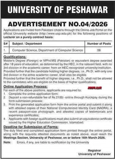 University of Peshawar March Jobs 2026 Official Advertisement