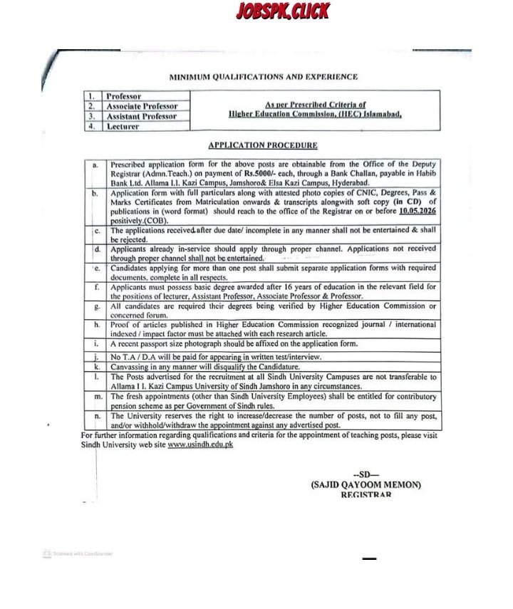 University of Sindh Jamshoro Jobs 2026 — Apply Online for 100+ Faculty Vacancies Announced 3 University of Sindh Jamshoro Jobs 2026 Official Advertisement