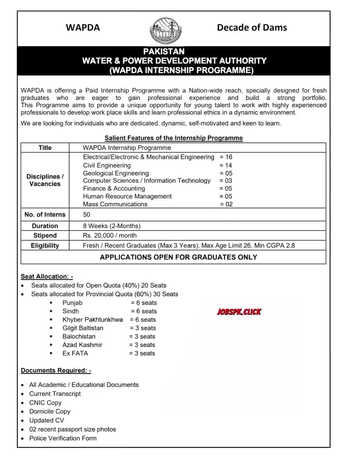 WAPDA Internship 2026 Official Advertisement