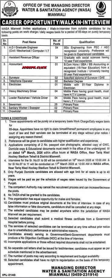 WASA Mianwali Jobs 2026 | Multiple Vacancies | Walk-in Interview 6 WASA Mianwali Jobs 2026 Official Advertisement