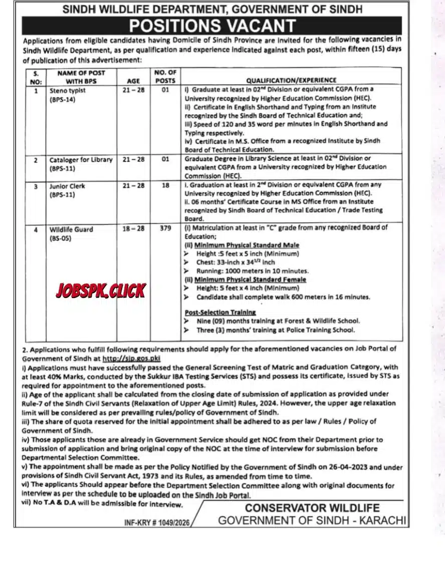 Wildlife Department Sindh Jobs 2026 Official Advertisement