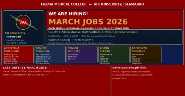 Fazaia Medical College Air University March Jobs 2026 Apply Online | Faculty & Admin Staff Required 11 fazaia jobs 2026 featured 1