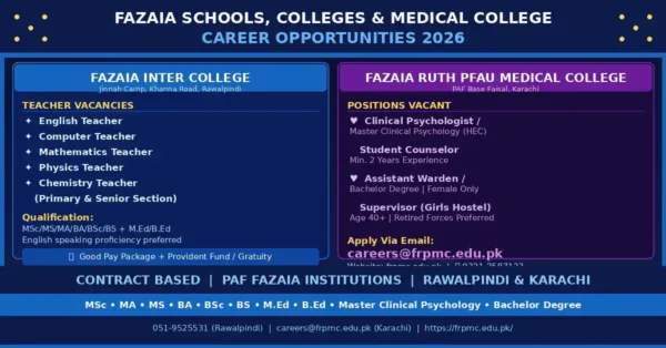 Fazaia Schools Colleges & Medical College Jobs 2026 — Multiple Posts in Rawalpindi & Karachi 19 fazaia jobs 2026 featured