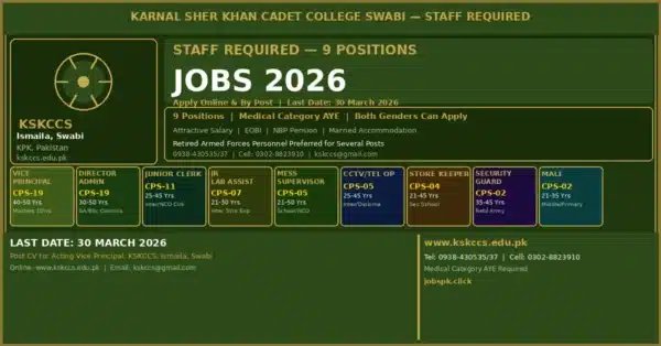 Karnal Sher Khan Cadet College Swabi Jobs 2026 Apply Online | 9 Positions Announced 9 kskccs jobs 2026 featured