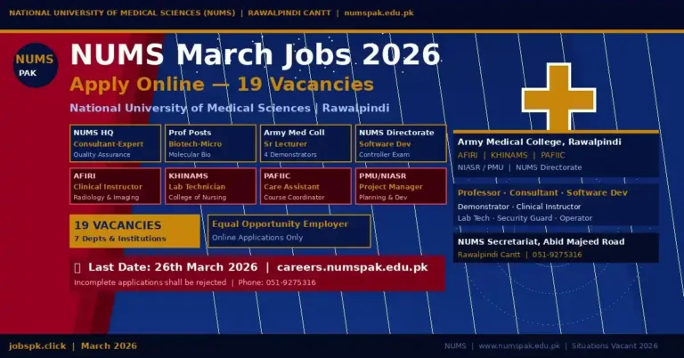 NUMS March Jobs 2026 Apply Online | National University of Medical Sciences Announces Multiple Vacancies 20 nums featured image