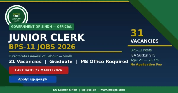 Directorate General of Labour Sindh Junior Clerk Jobs 2026 | 31 BPS-11 Vacancies | Apply Online 3 sindh labour featured