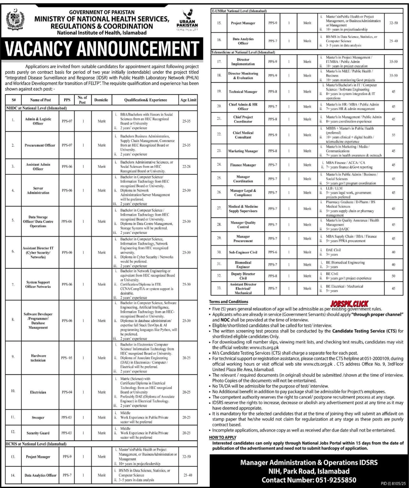 Ministry of National Health Services Islamabad April Jobs 2026 Advertisement No.3 