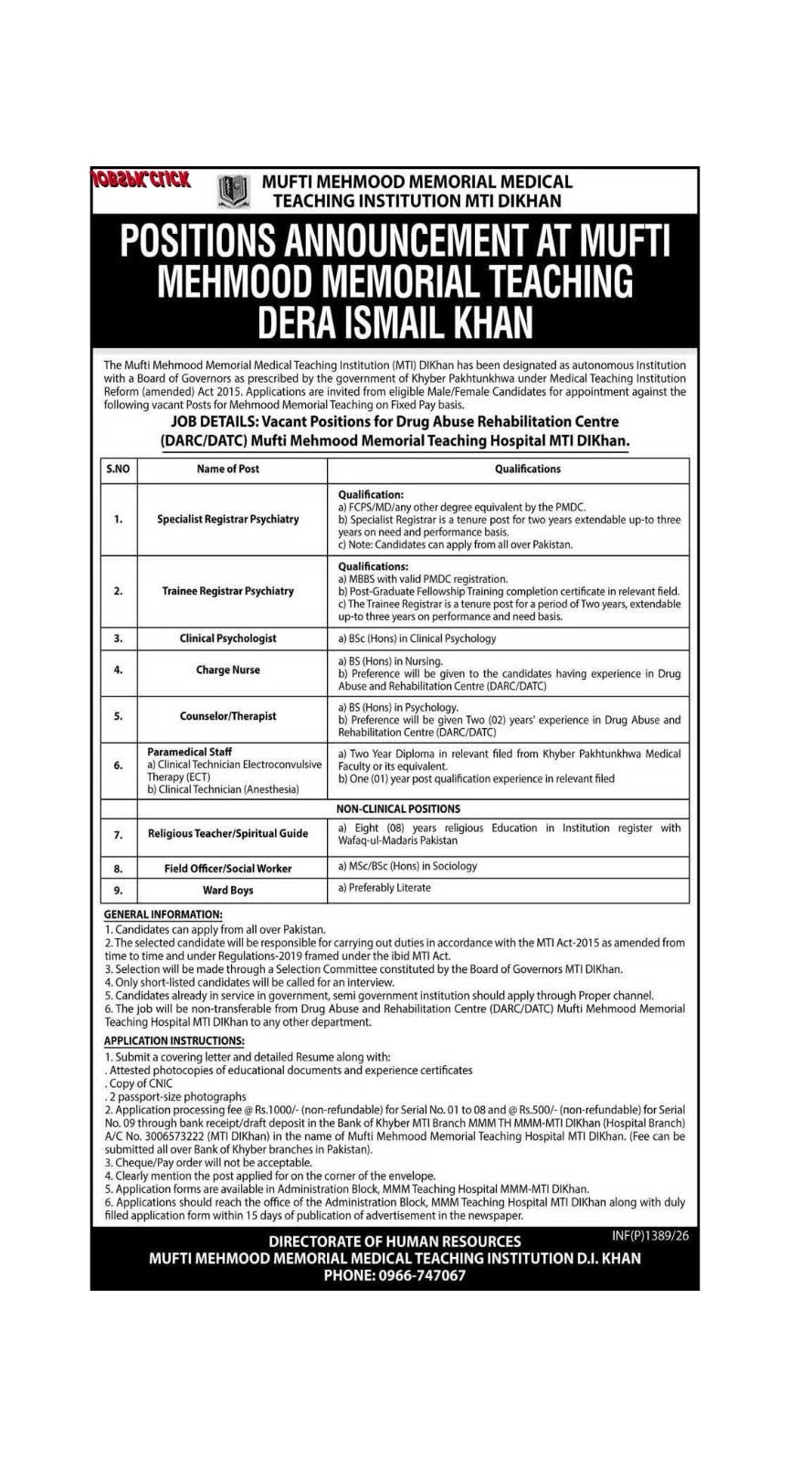 Mufti Mehmood Memorial Teaching Hospital DIKhan Jobs 2026 April official Advertisement