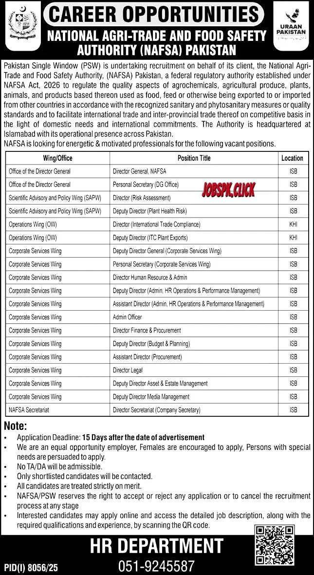 National Agri-Trade & Food Safety Authority April Jobs 2026 Official Advertisement