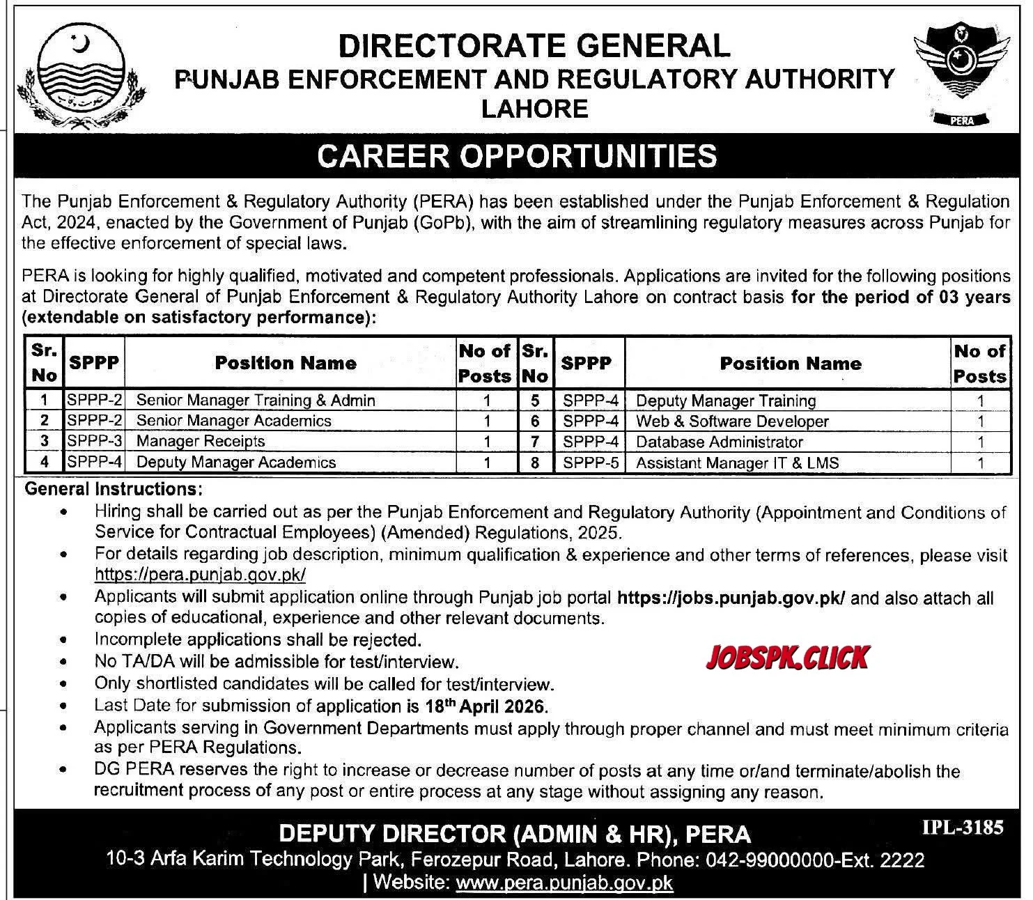 PERA Punjab April Jobs 2026 Official Advertisement
