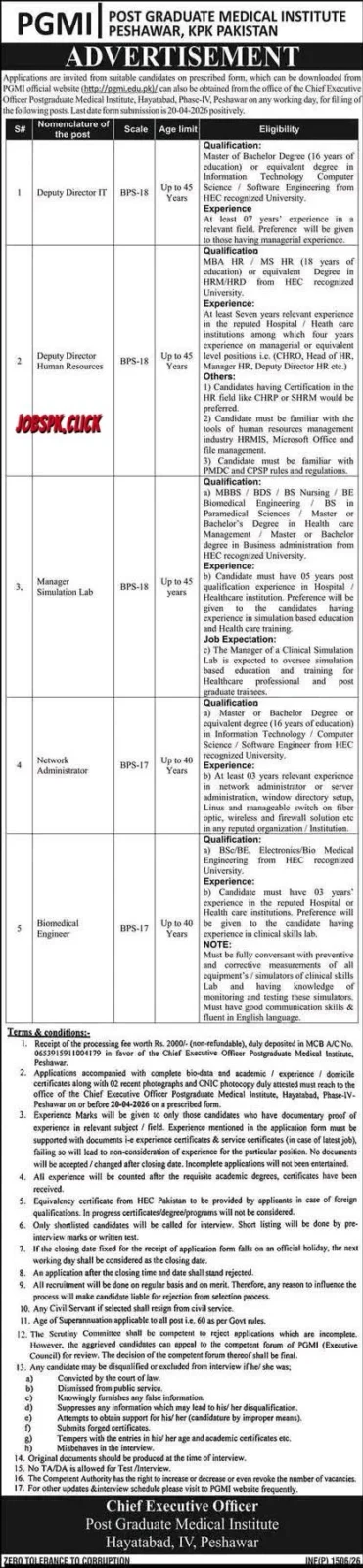 PGMI Peshawar April Jobs 2026 Apply Online | Engineers, IT Directors & HR Managers Posts Announced 1 PGMI Peshawar April Jobs 2026 Official Advertisement