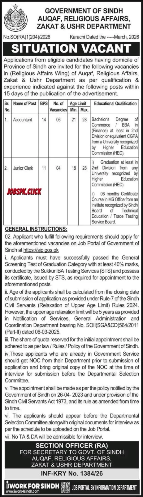 Sindh Auqaf Dept April Jobs 2026 Official Advertisement
