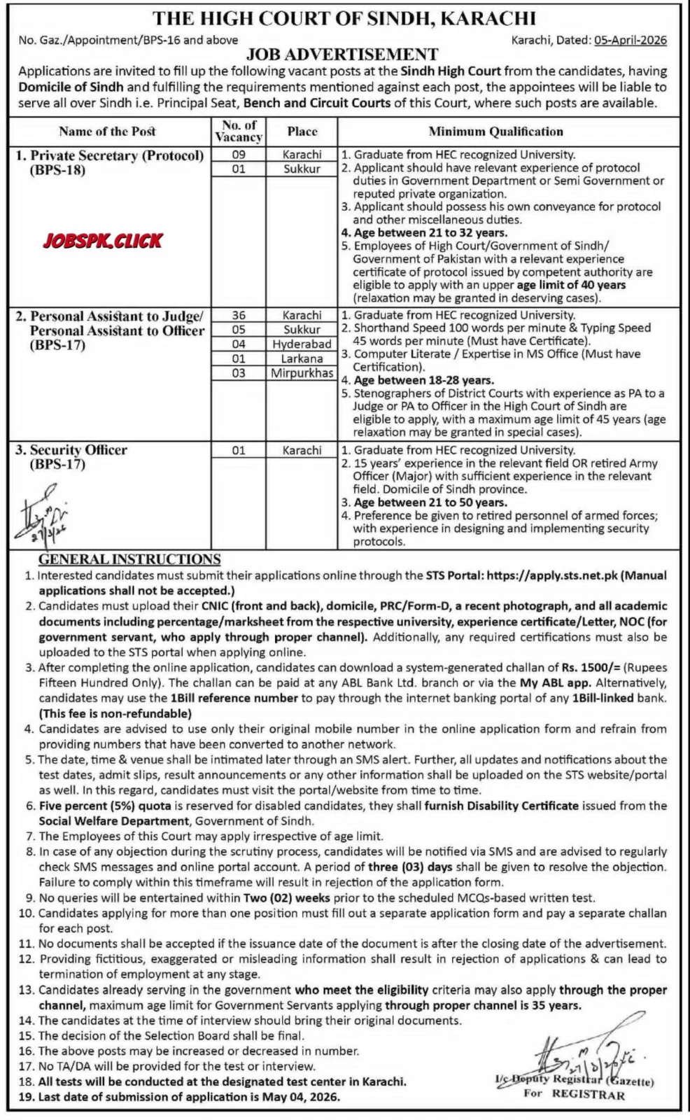 Sindh High Court April Jobs 2026 Official Advertisement