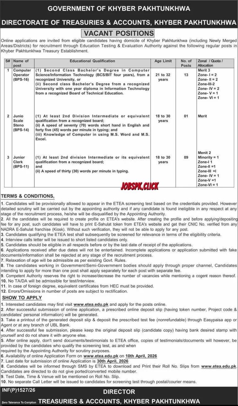 Treasuries & Accounts Department KPK Jobs 2026 Official Advertisement