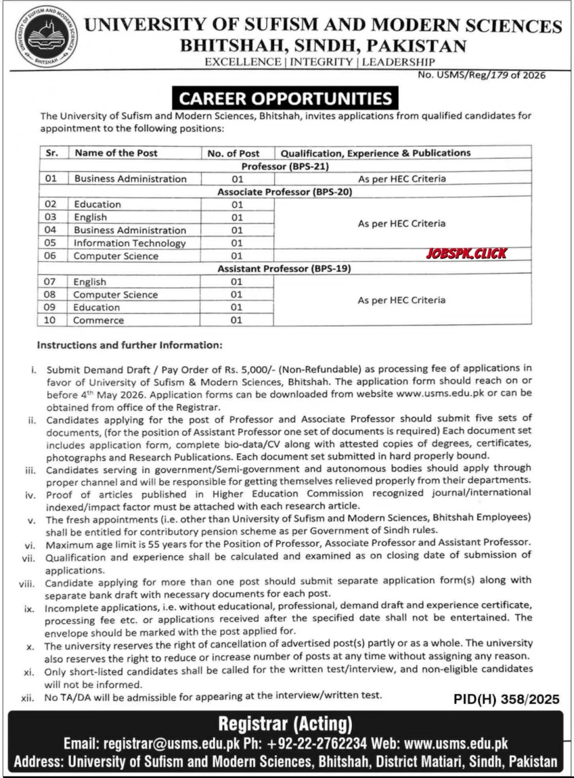 University of Sufism & Modern Sciences April Jobs 2026 Official Advertisement